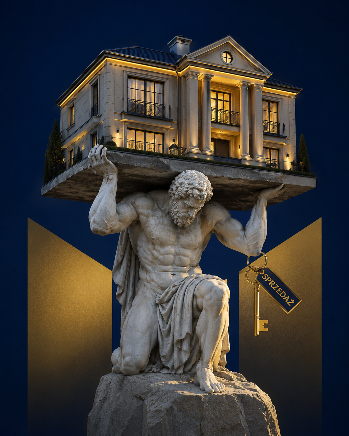 Atlas trzymający dom jako symbol sprzedaży nieruchomości z pomocą Dreamdom Estates