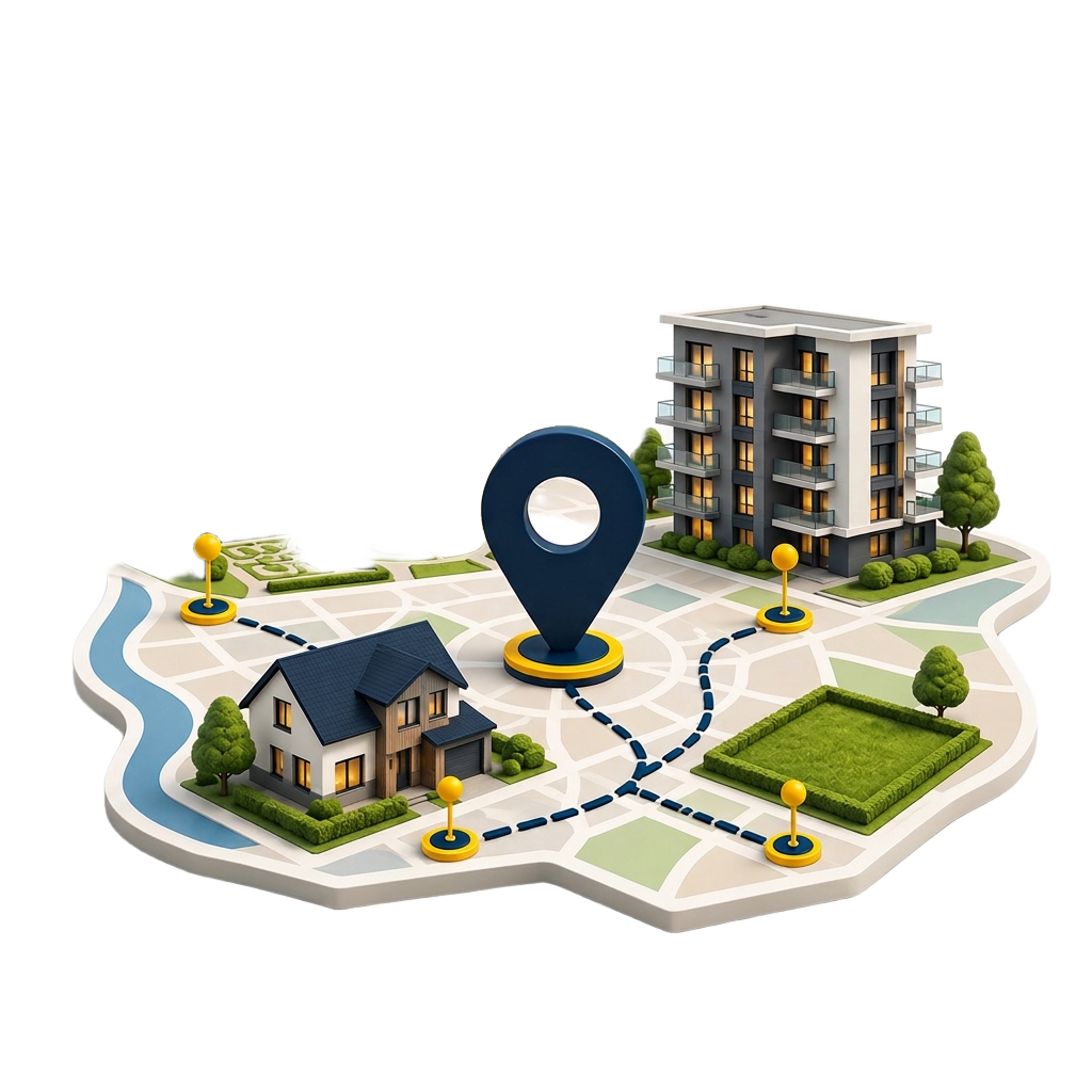 Mapa 3D Białegostoku z Pałacem Branickich, blokiem, domem i działką — obszar działania biura nieruchomości Dreamdom Estates